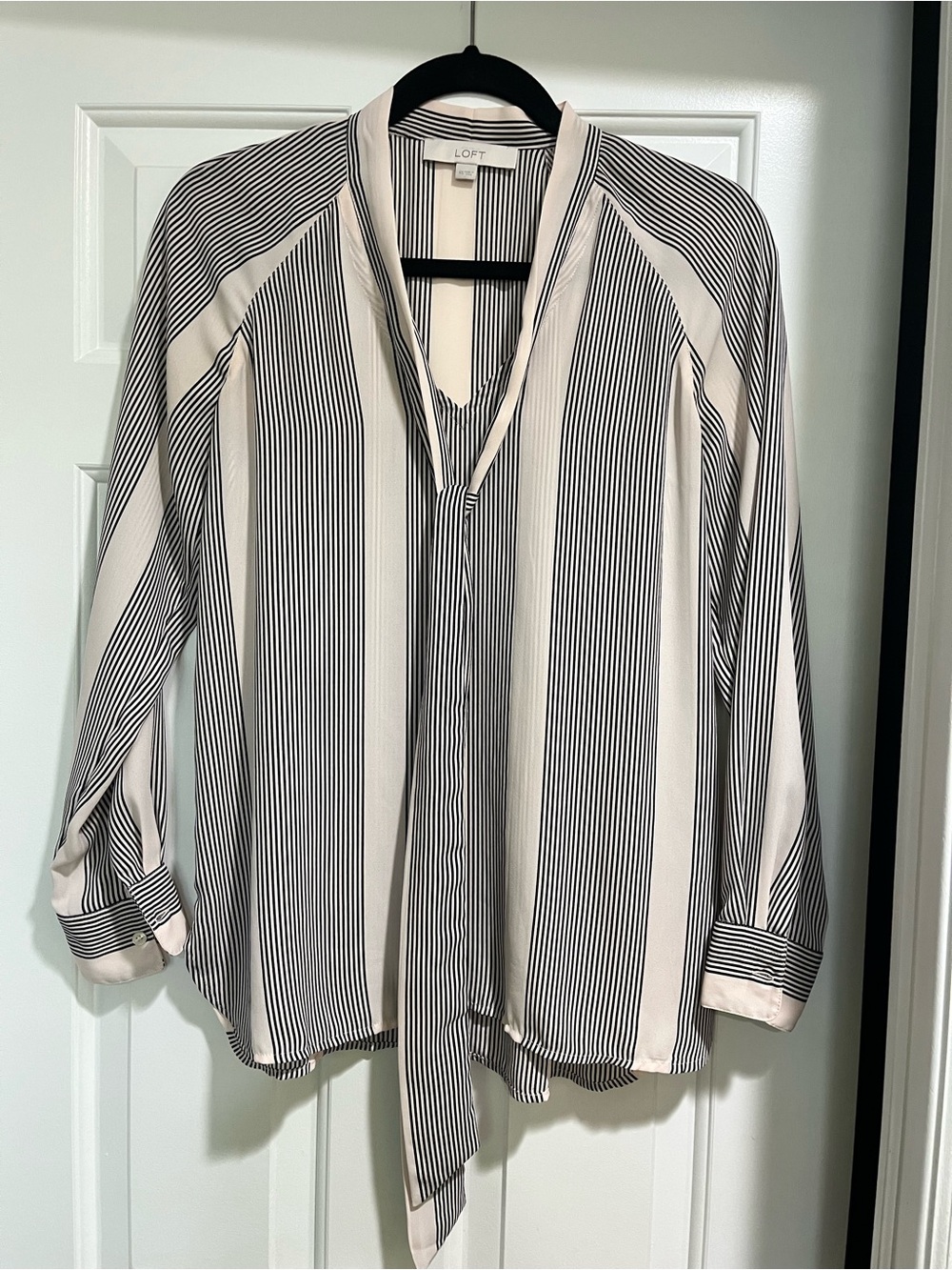 LOFT Black and Light Peach Vertical Stripe Tie-Neck Blouse with Long Sleeves